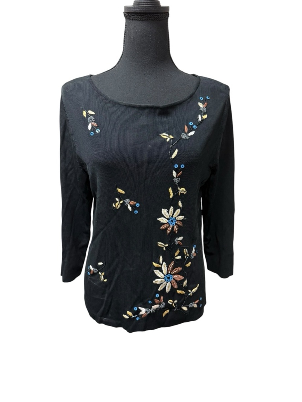 Lucia Burns Embroidered Beaded Floral Black Top 3/4 Sleeve Large Chic